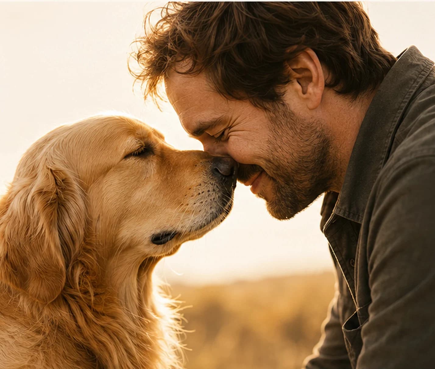 A man and a golden retriever resting nose to nose in warm evening light